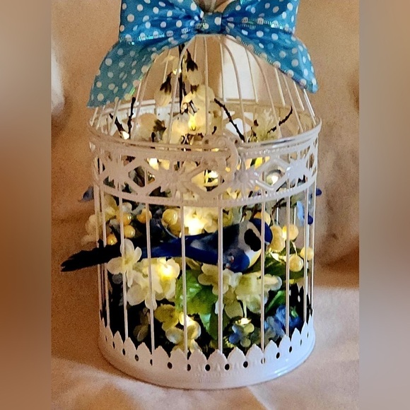 OOAK Bird Cage with Flowers and Lights Blue and Yellow Spring Decor NEW - Picture 1 of 4